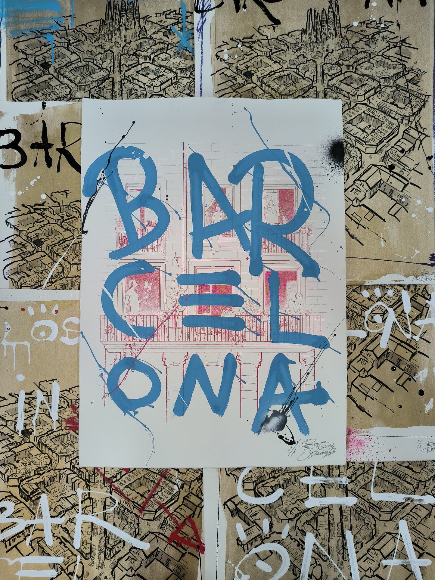 Balcones del Born - Retrato print (Original painting on paper) Arte Urbano Barcelona