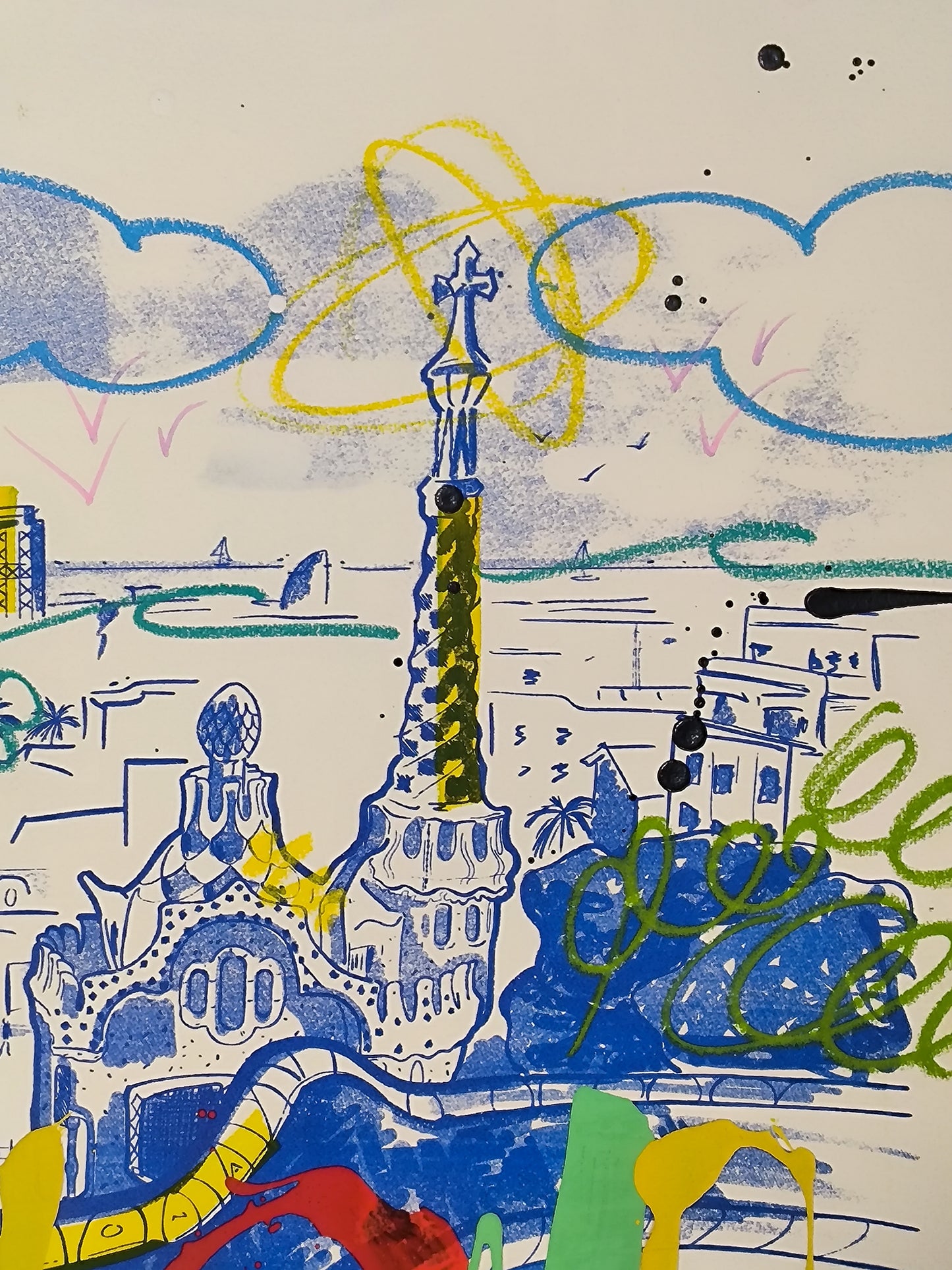 Park Güell: Un Viaje a través de la Arquitectura y el Arte Urbano Contemporáneo - Retrato Print (original painting on paper)