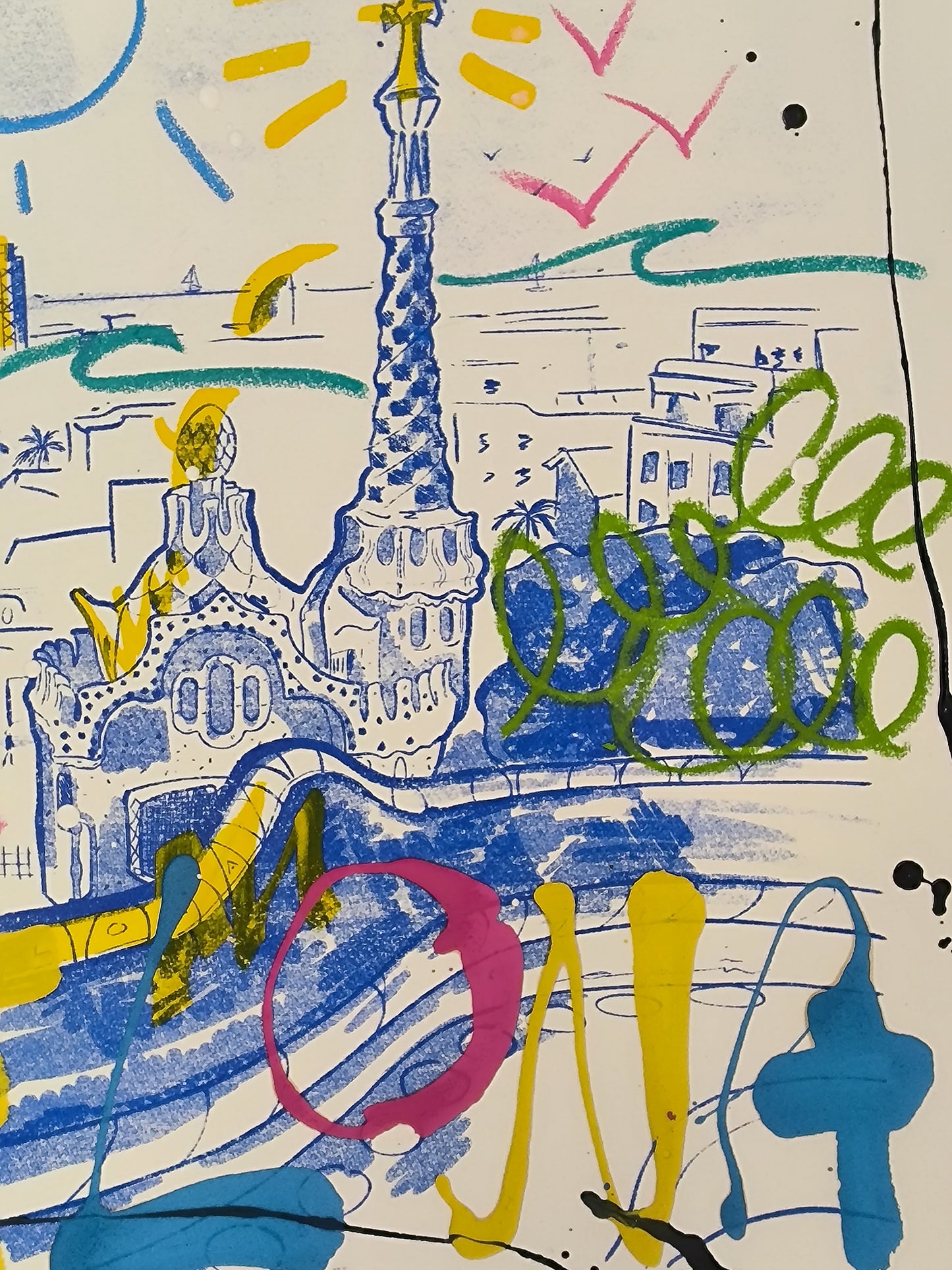 Park Güell: Un Viaje a través de la Arquitectura y el Arte Urbano Contemporáneo - Retrato Print (original painting on paper)