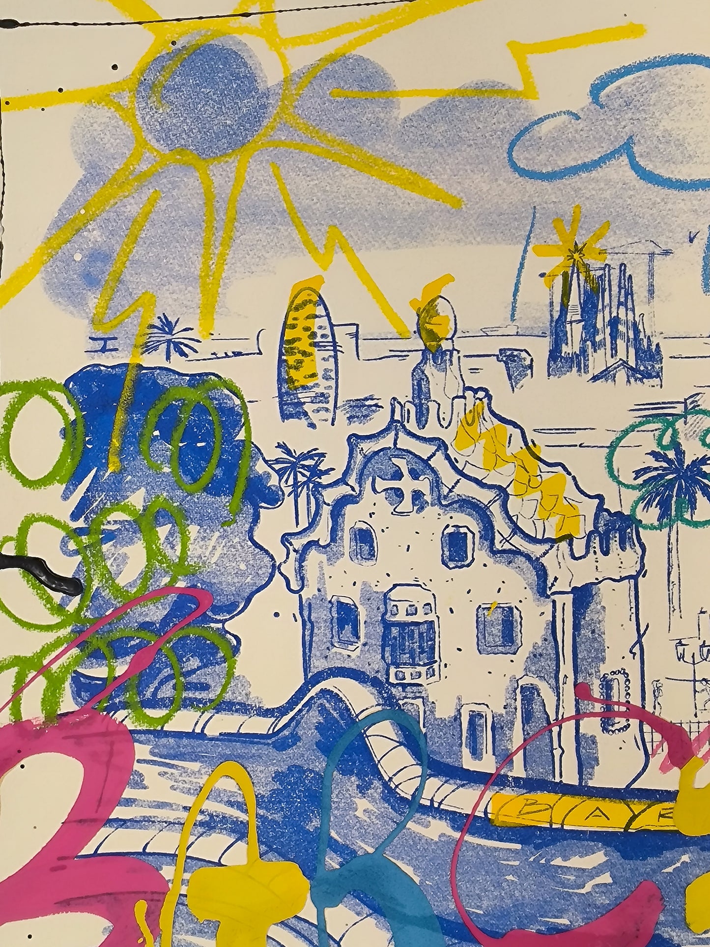 Park Güell: Un Viaje a través de la Arquitectura y el Arte Urbano Contemporáneo - Retrato Print (original painting on paper)