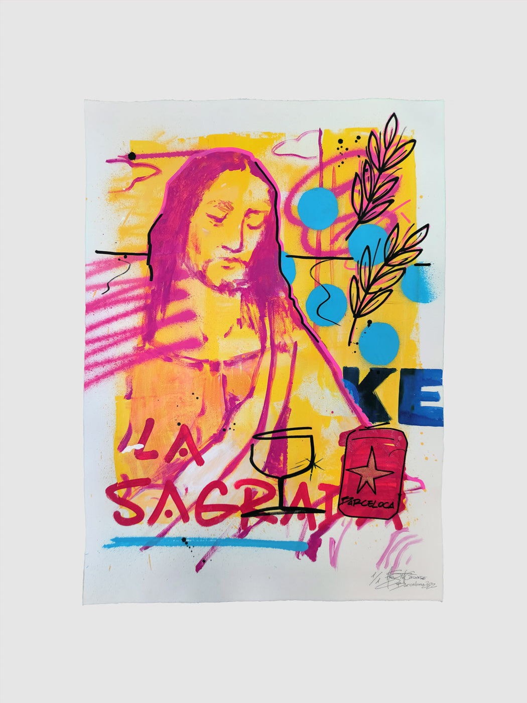 La sagrada: Un Diálogo entre lo Divino y lo Mundano - Retrato Print (original painting on paper) - Arte Urbano Contemporáneo