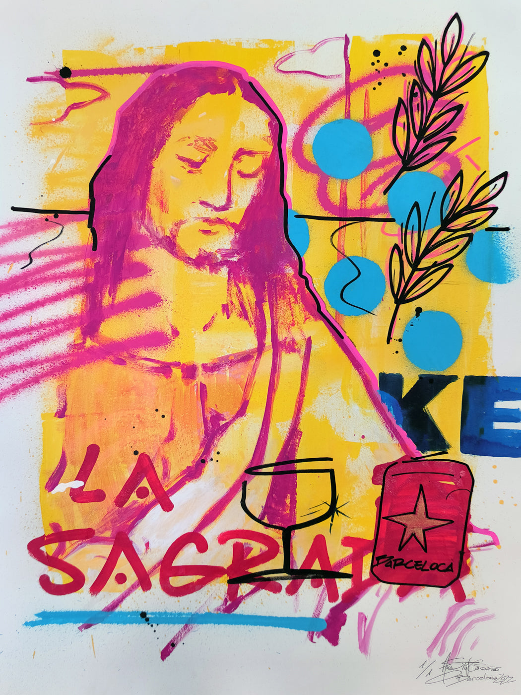 La sagrada: Un Diálogo entre lo Divino y lo Mundano - Retrato Print (original painting on paper) - Arte Urbano Contemporáneo